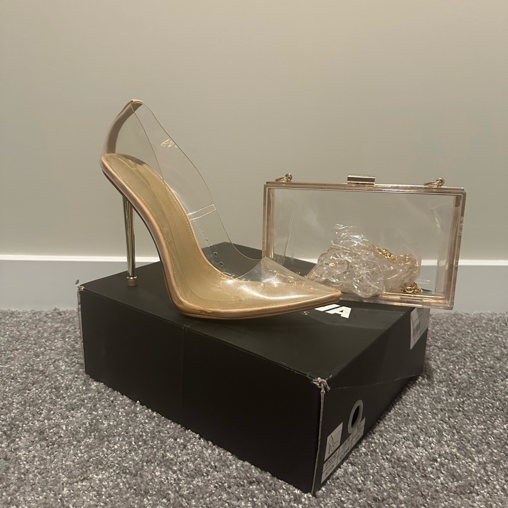 Fashion Nova Clear Heels with Gold Details